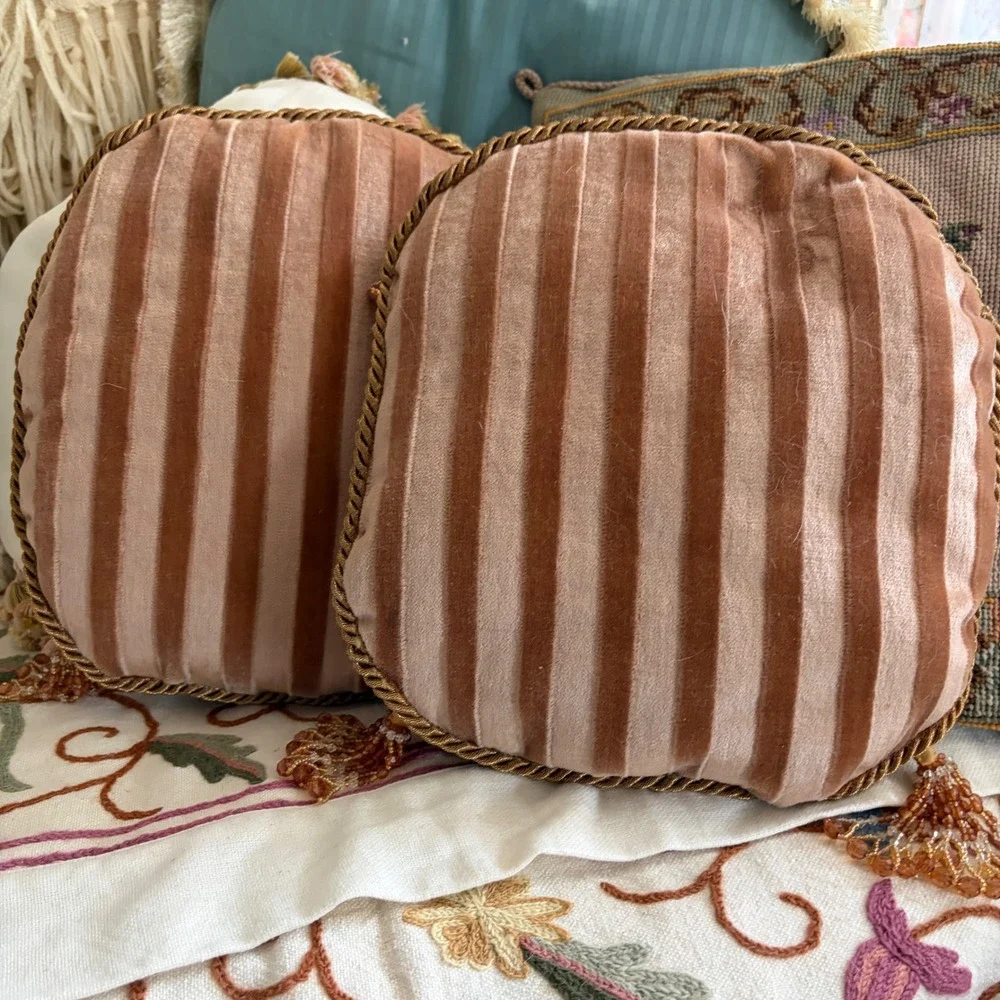 Vintage Brown Copper Gold Velvet Pillows Beaded Tassel Fringe Stripes 10